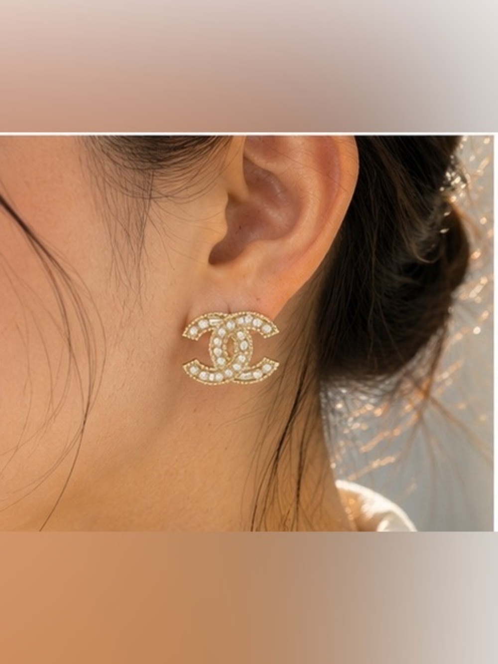 Gold Tone Pearl & Crystal CC Style Stud Earrings - Picture 6 of 8